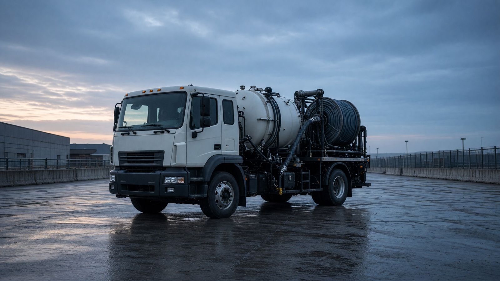 Service truck and equipment staged on a clean lot at dawn — grease trap cleaning in Fullerton, CA