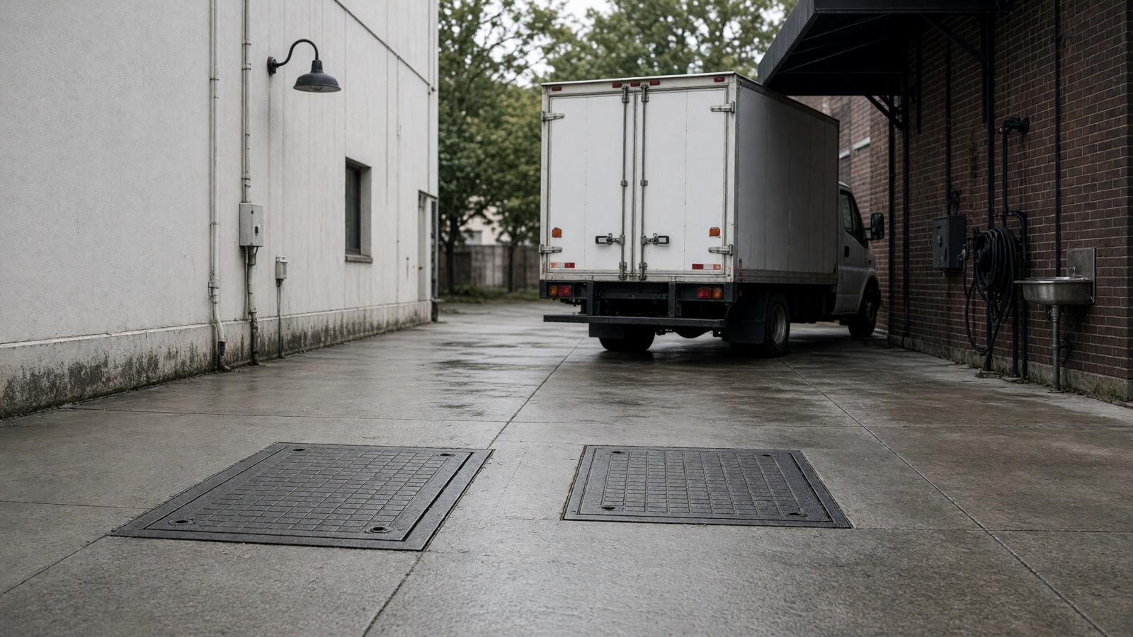 Service alley with interceptor lids and a truck parked beyond — grease trap cleaning in Fullerton, CA