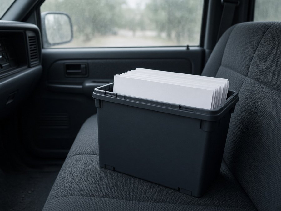 File box of blank service records on a truck seat — FOG Compliance, Inspections & Service Manifests in Fullerton, CA