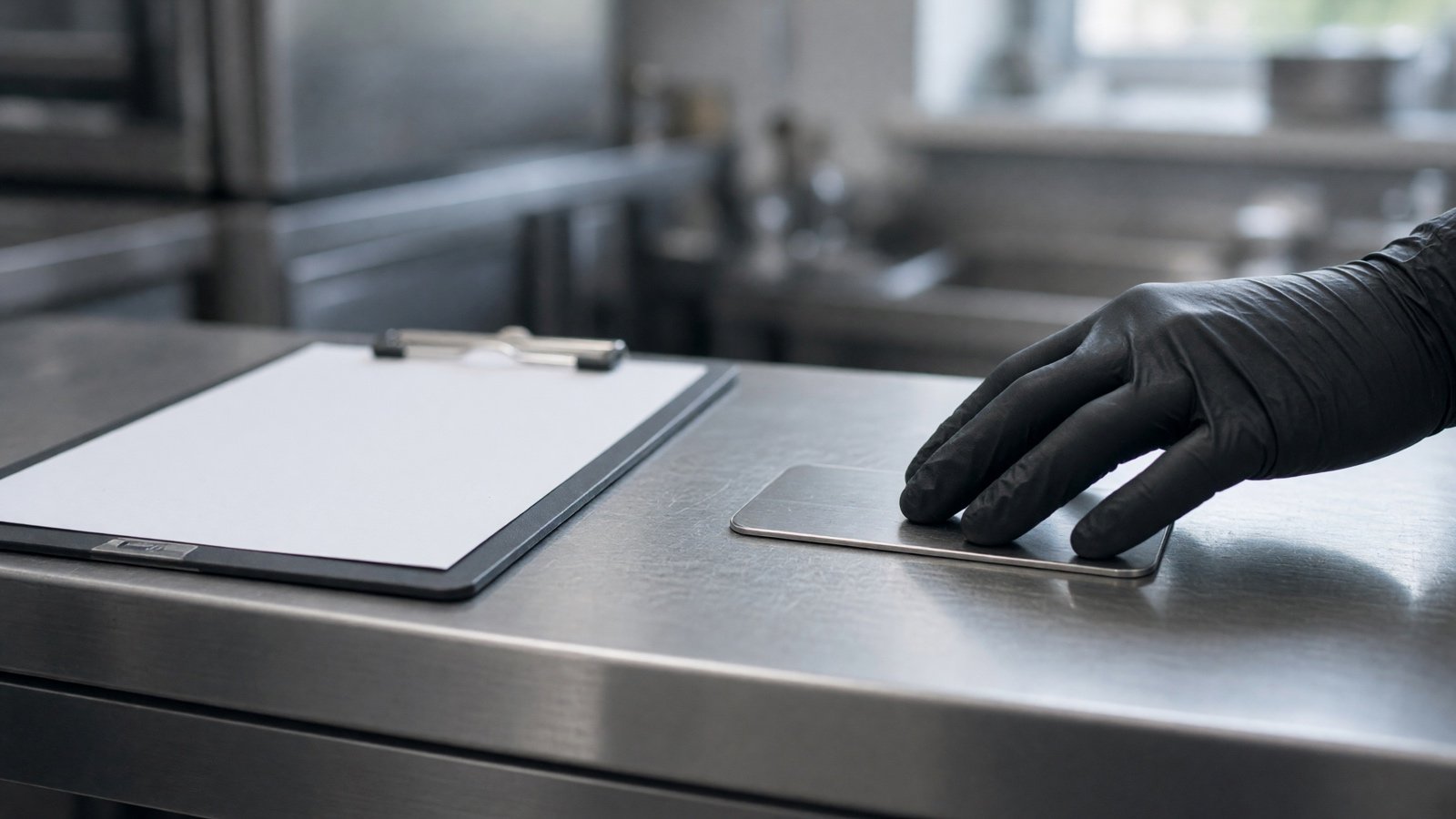 Clipboard and service tag on a stainless prep table — FOG Compliance, Inspections & Service Manifests in Fullerton, CA