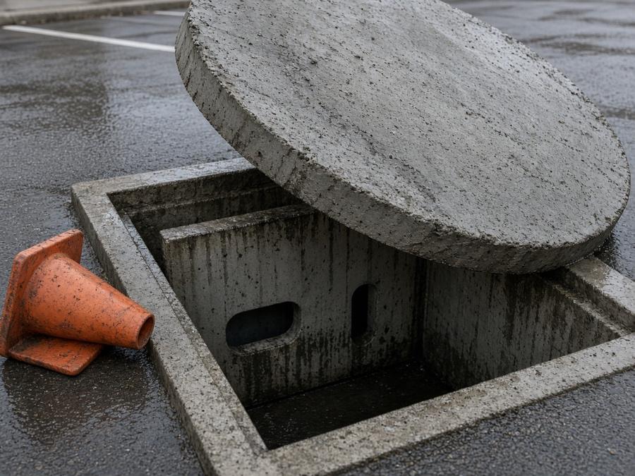 Interceptor lid lifted from its frame in a parking lot — grease interceptor cleaning in Fullerton, CA