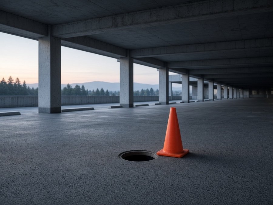 Traffic cone marking an open interceptor access point — grease interceptor cleaning in Fullerton, CA