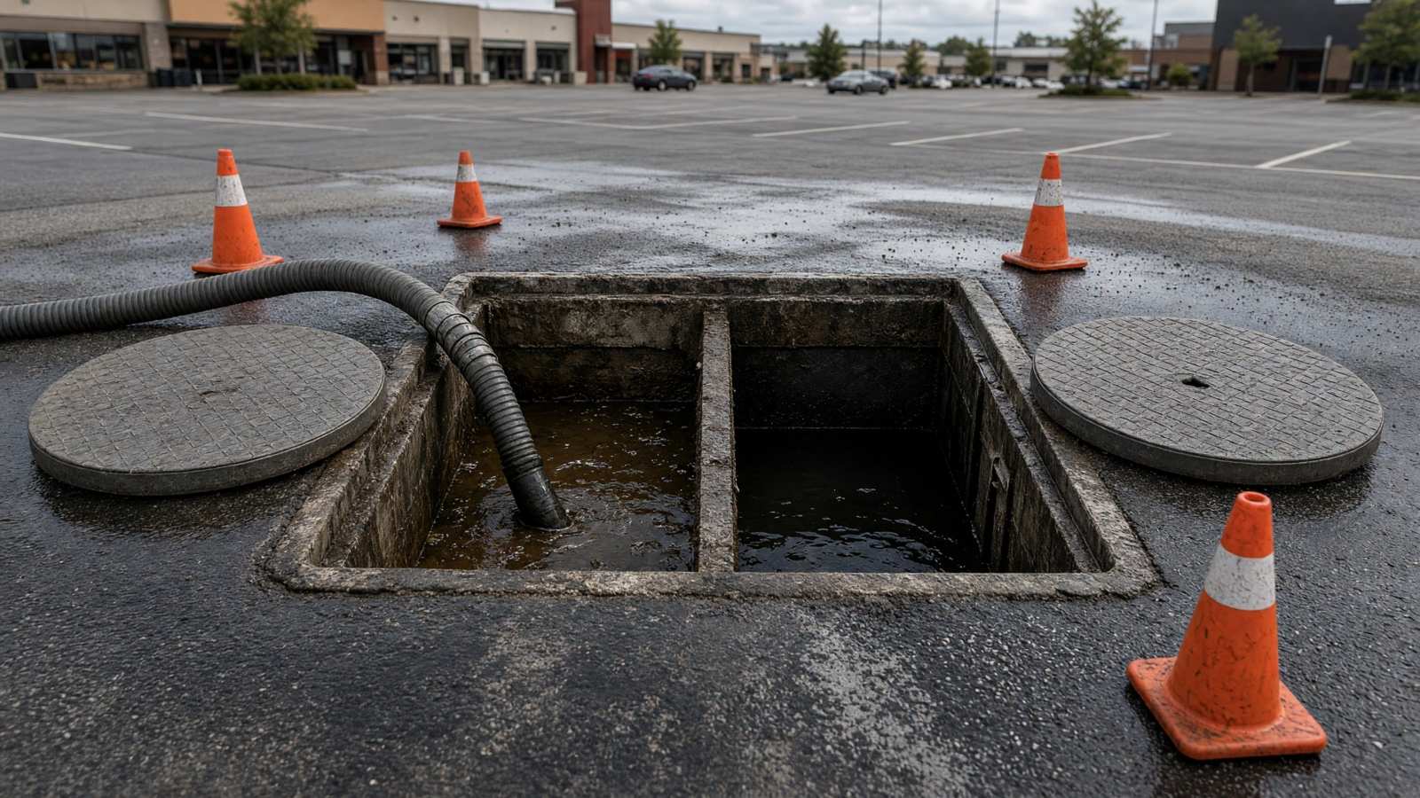 In-ground grease interceptor open in a shopping-plaza parking lot — grease interceptor cleaning in Fullerton, CA