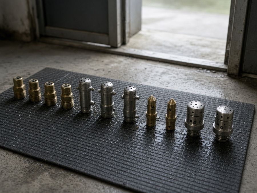Hydro jetting nozzle heads laid out on a mat — Grease Line Hydro Jetting & Kitchen Drain Cleaning in Fullerton, CA