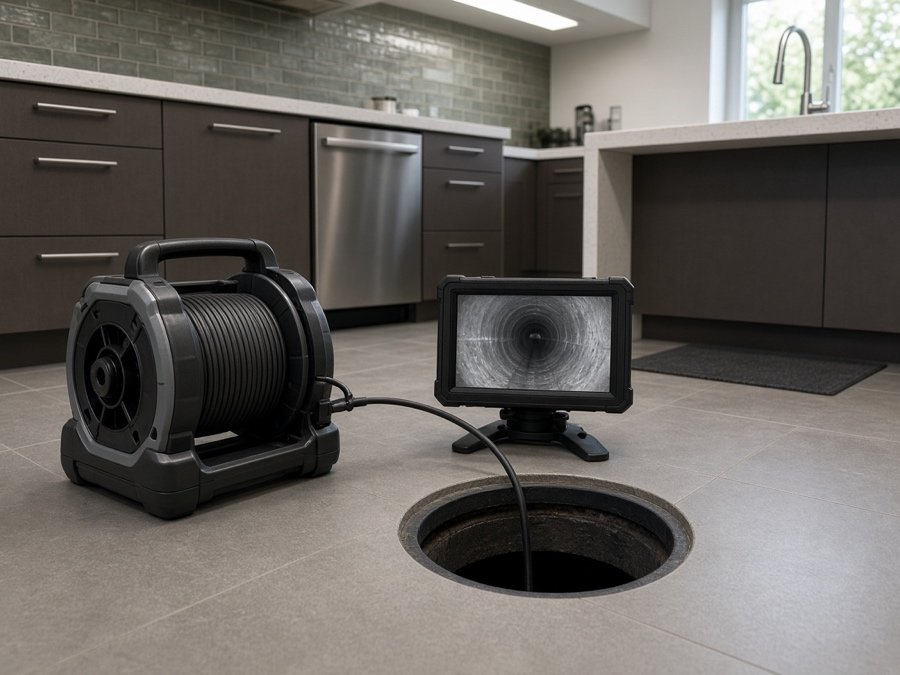 Camera reel and monitor at a floor cleanout — Grease Line Hydro Jetting & Kitchen Drain Cleaning in Fullerton, CA