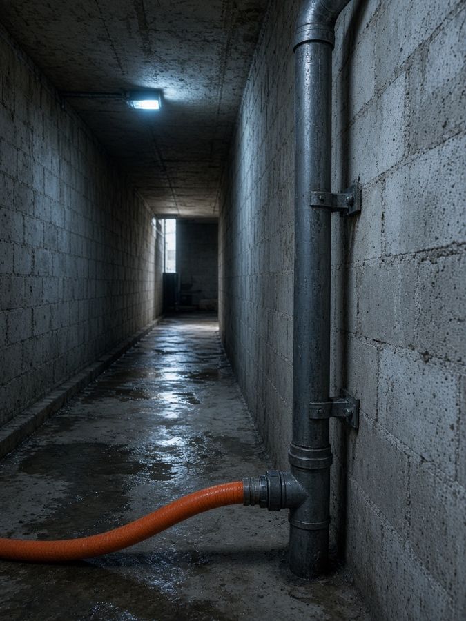 Jetter hose fed into a standpipe riser in a back corridor — Grease Line Hydro Jetting & Kitchen Drain Cleaning in Fullerton, CA