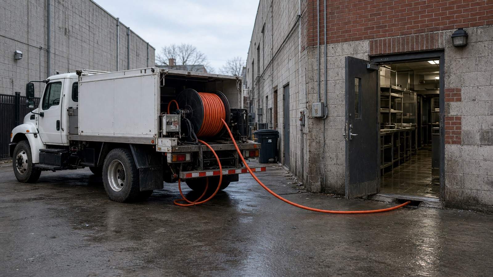 Hydro jetting truck feeding hose into a restaurant's rear door — Grease Line Hydro Jetting & Kitchen Drain Cleaning in Fullerton, CA