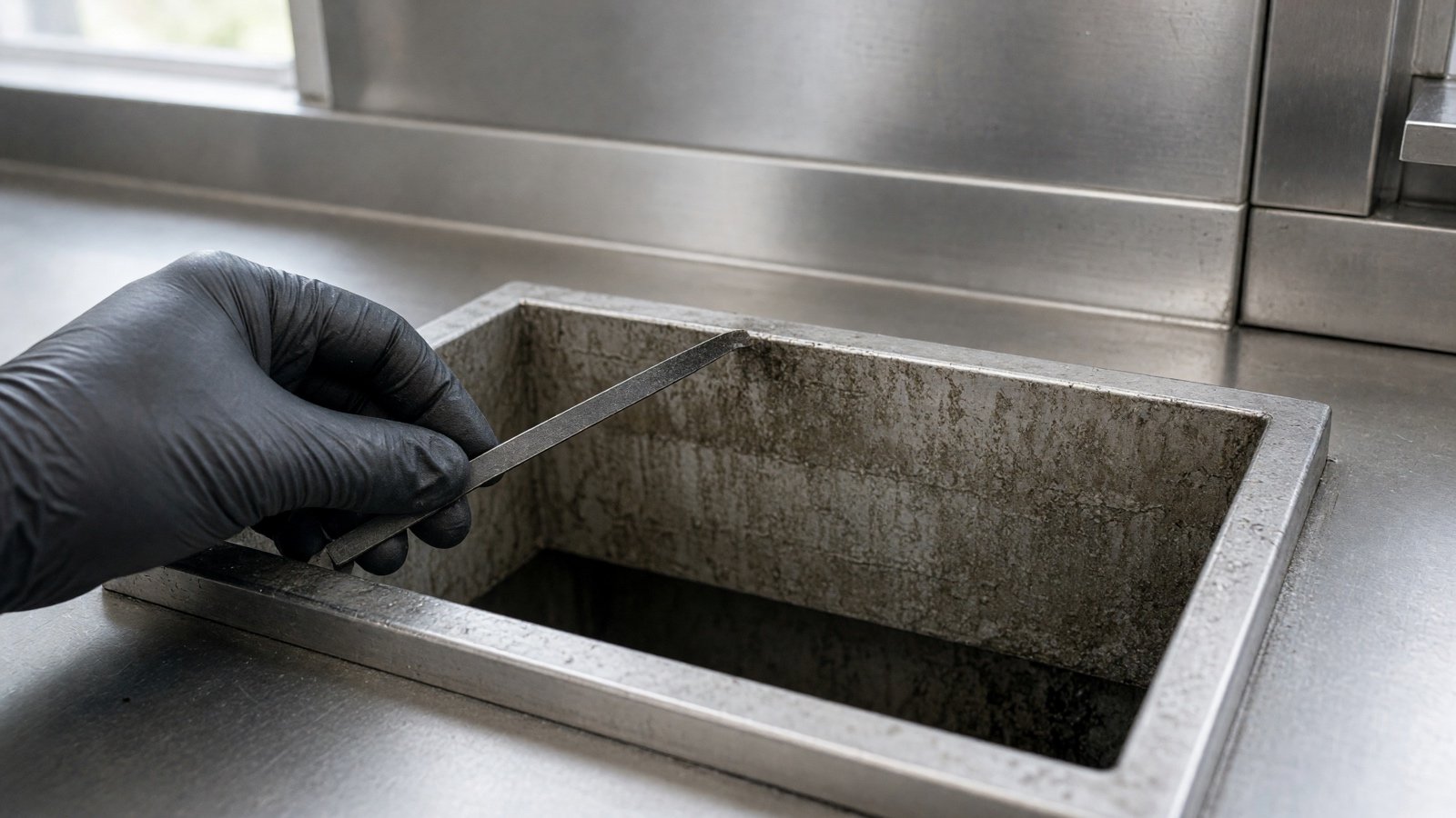 Measuring the grease layer inside an open trap — grease trap cleaning in Fullerton, CA