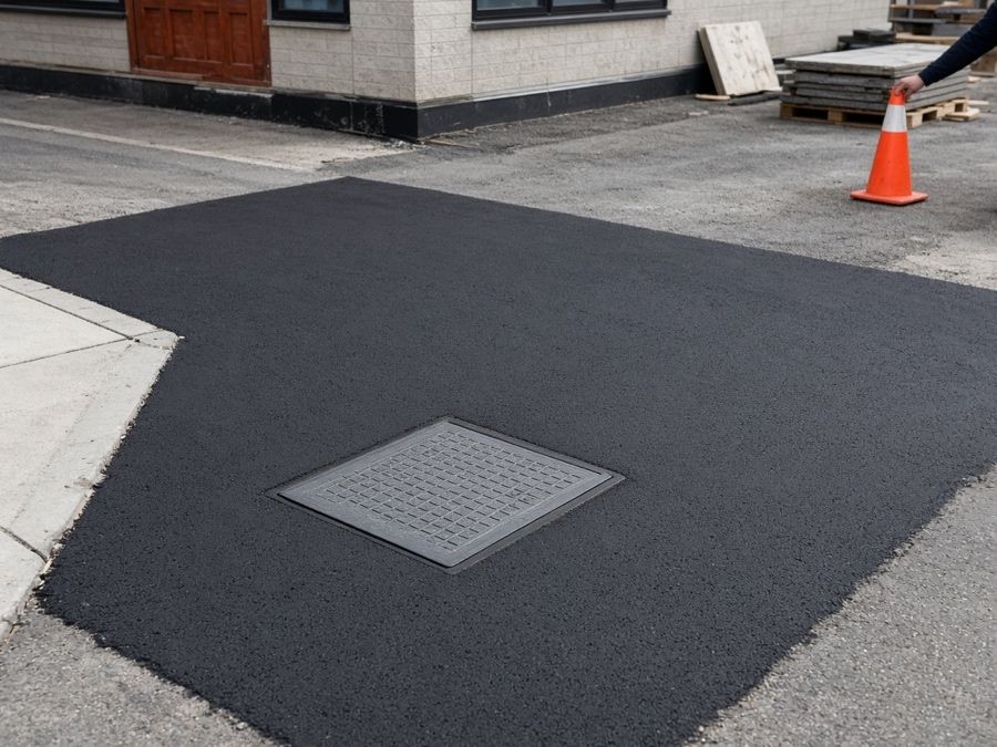 Finished interceptor lid flush with fresh asphalt patching — grease trap installation & replacement in Fullerton, CA