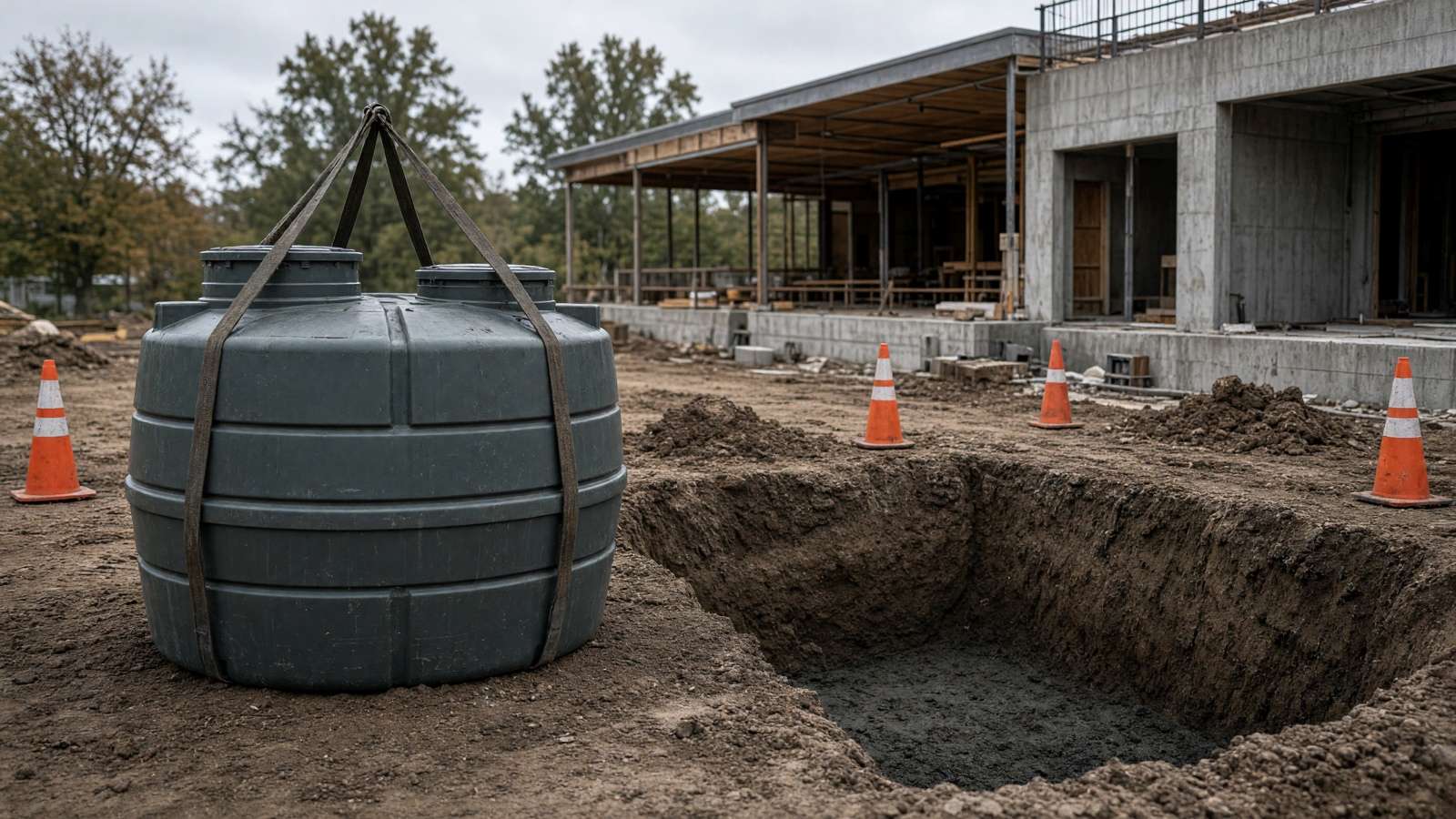 New interceptor tank staged beside an open excavation at a build site — grease trap installation & replacement in Fullerton, CA