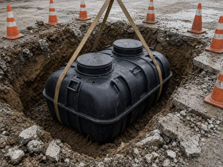 New interceptor tank set in an open excavation — Grease Trap Installation, Repair & Replacement in Fullerton, CA