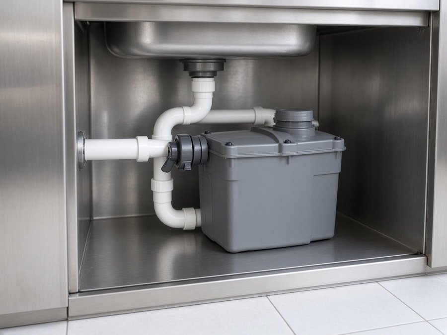 Under-sink grease trap plumbed with PVC inlet and flow control — Grease Trap Installation, Repair & Replacement in Fullerton, CA