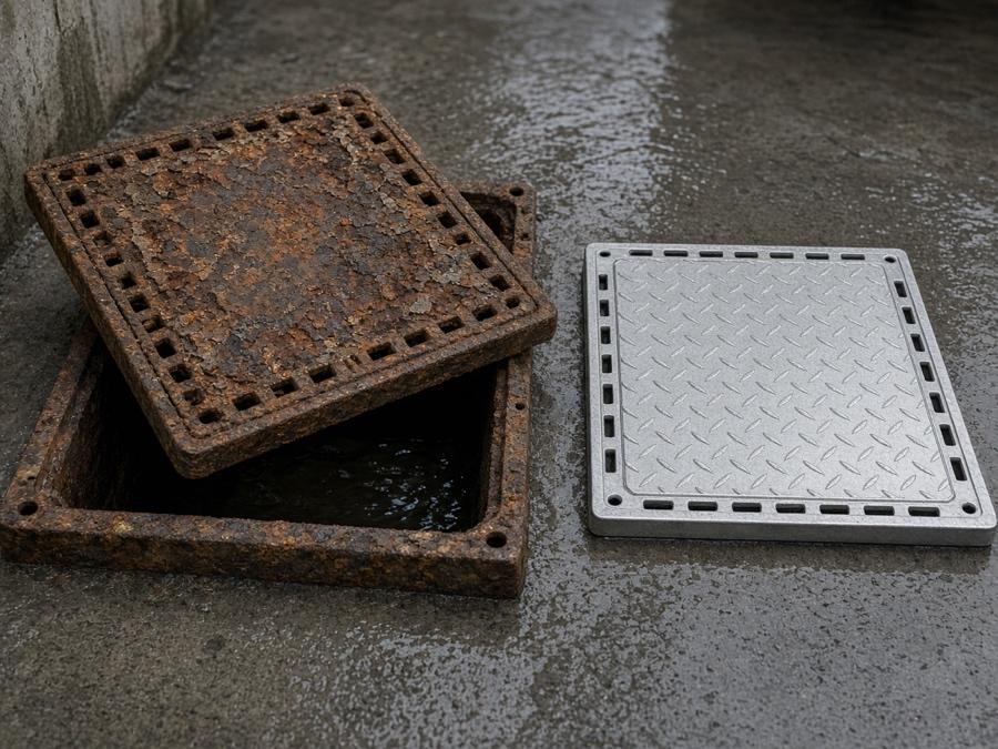 Corroded trap lid beside its replacement — Grease Trap Installation, Repair & Replacement in Fullerton, CA