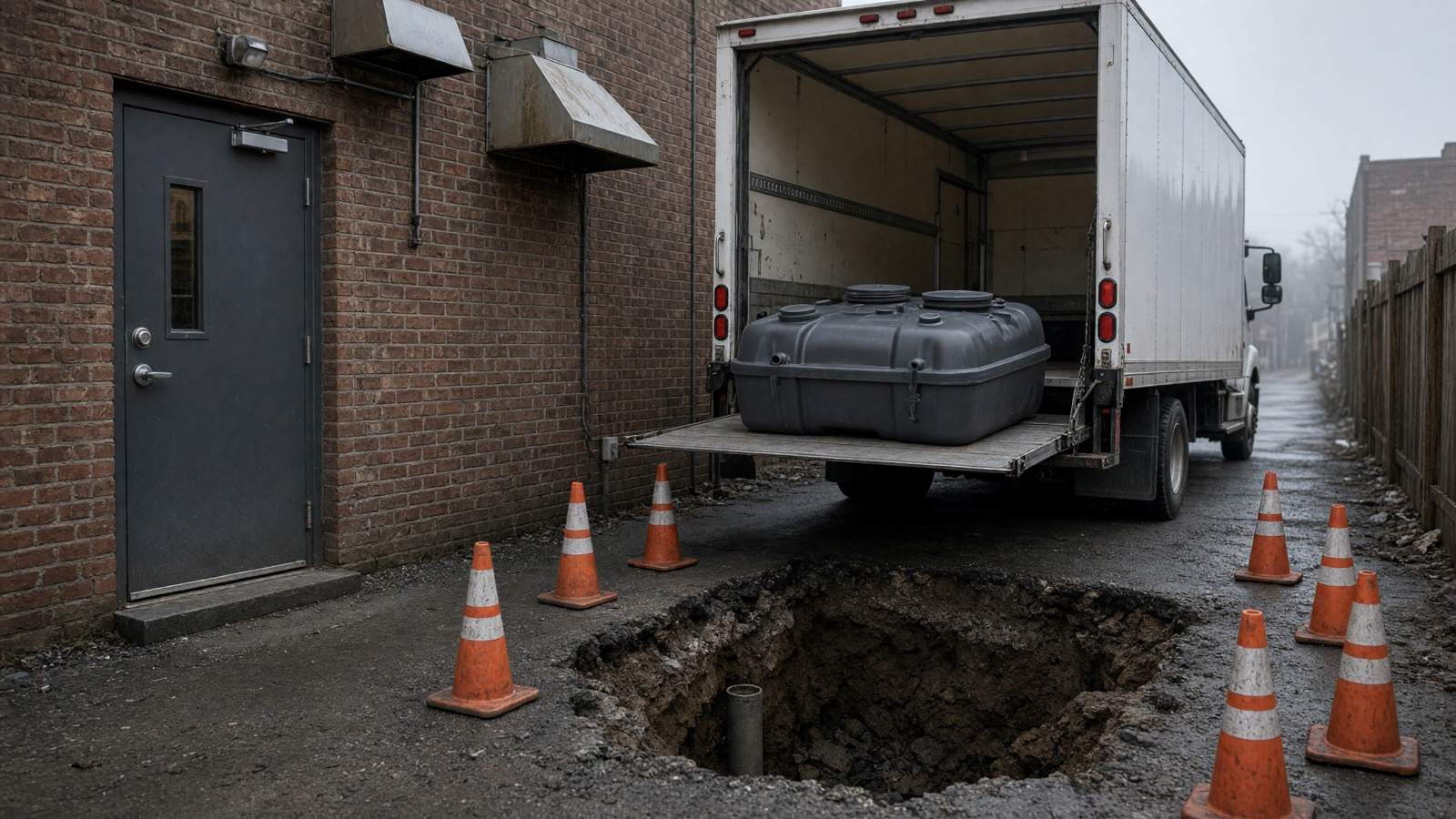 New interceptor tank staged beside an open excavation — Grease Trap Installation, Repair & Replacement in Fullerton, CA