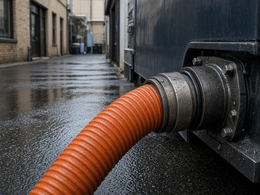 Suction hose coupled to a vacuum truck's intake port — grease trap pumping in Fullerton, CA