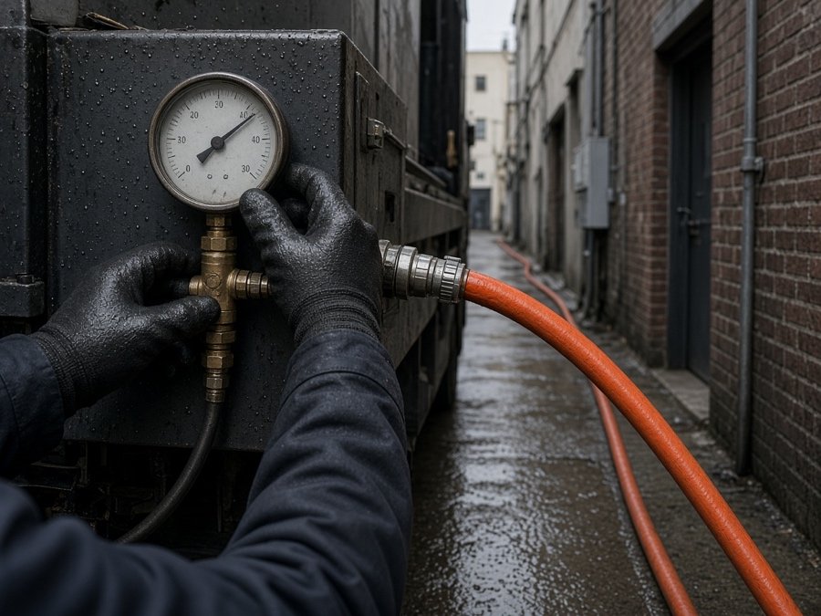 Gloved hands operating a vacuum truck's control gauge — grease trap pumping in Fullerton, CA