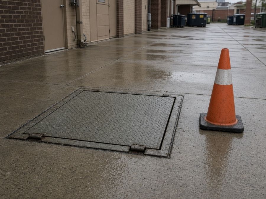 Capped grease trap access hatch in a strip-mall alley — grease trap pumping in Fullerton, CA
