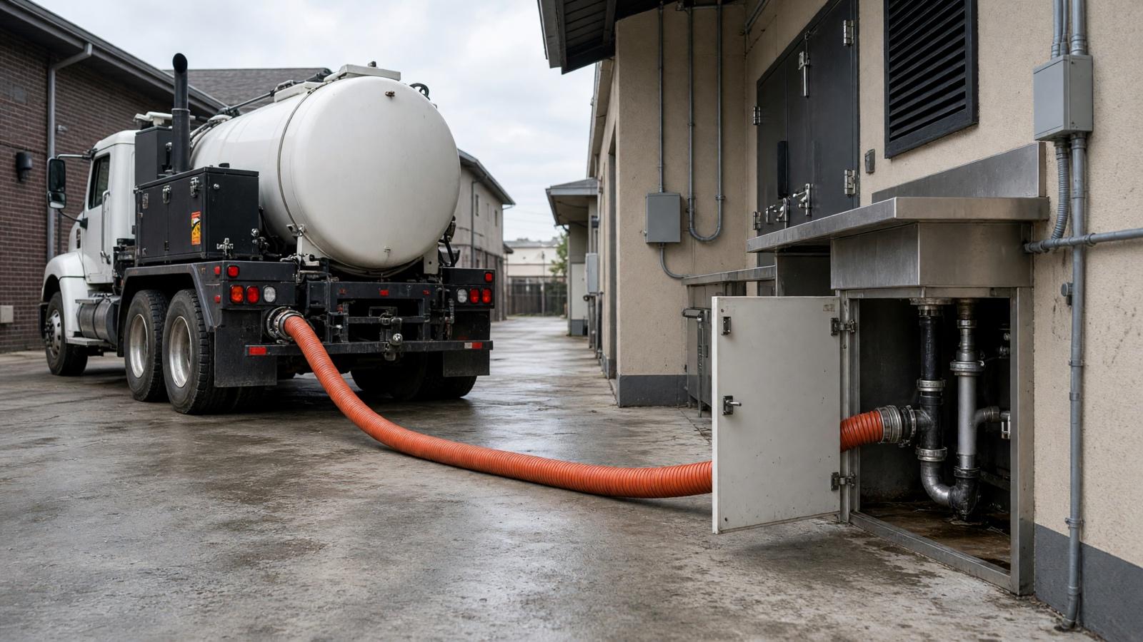 Vacuum truck pumping a grease trap in a strip-mall service alley — grease trap pumping in Fullerton, CA