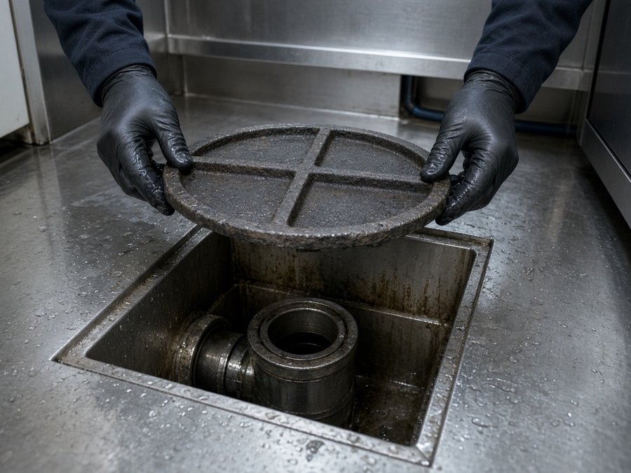 Gloved hands lifting a cast-iron grease trap lid in a commercial kitchen — grease trap cleaning in Fullerton, CA