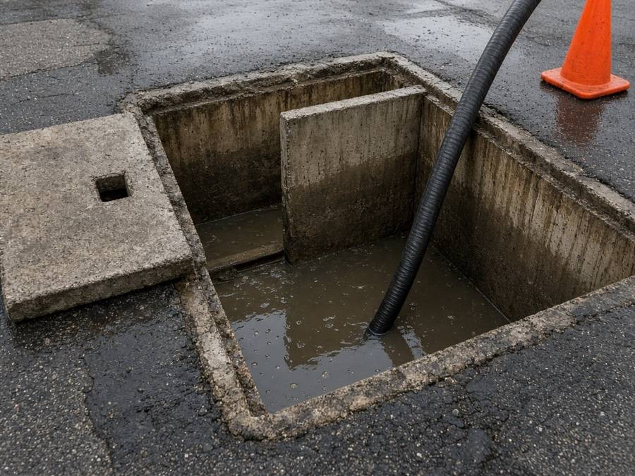 Open in-ground grease interceptor with the concrete lid removed — grease trap cleaning in Fullerton, CA