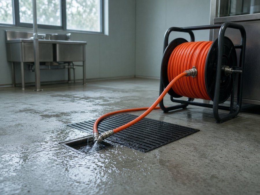 Hydro jetting hose feeding a kitchen floor cleanout — grease trap cleaning in Fullerton, CA