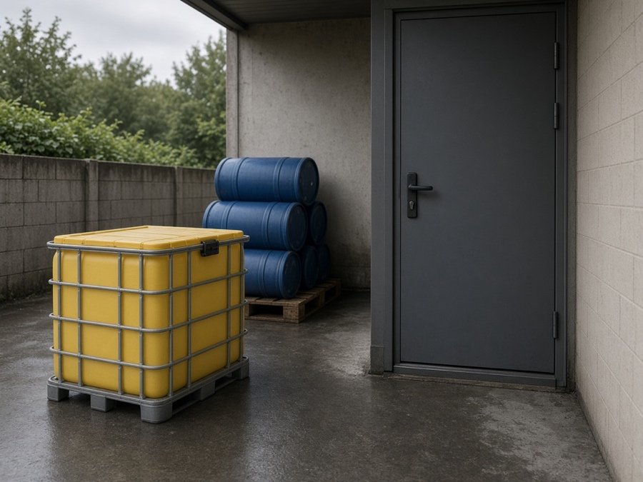Sealed used cooking oil collection bin beside a rear kitchen door — grease trap cleaning in Fullerton, CA
