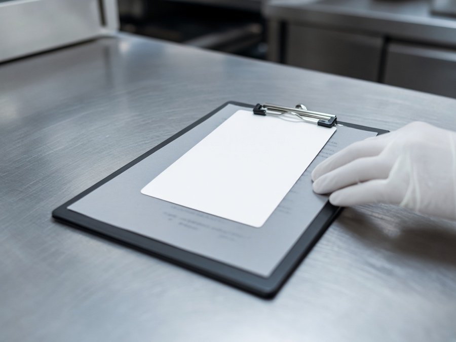 Clipboard and service tag on a stainless prep table — grease trap cleaning in Fullerton, CA