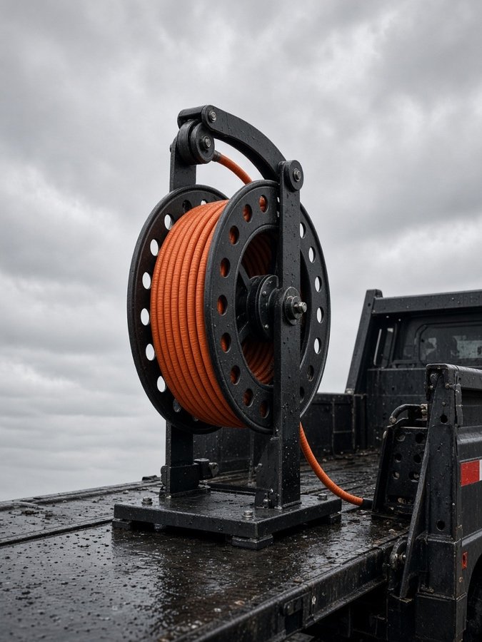 Tall hose reel mounted on the service truck — grease trap cleaning in Fullerton, CA
