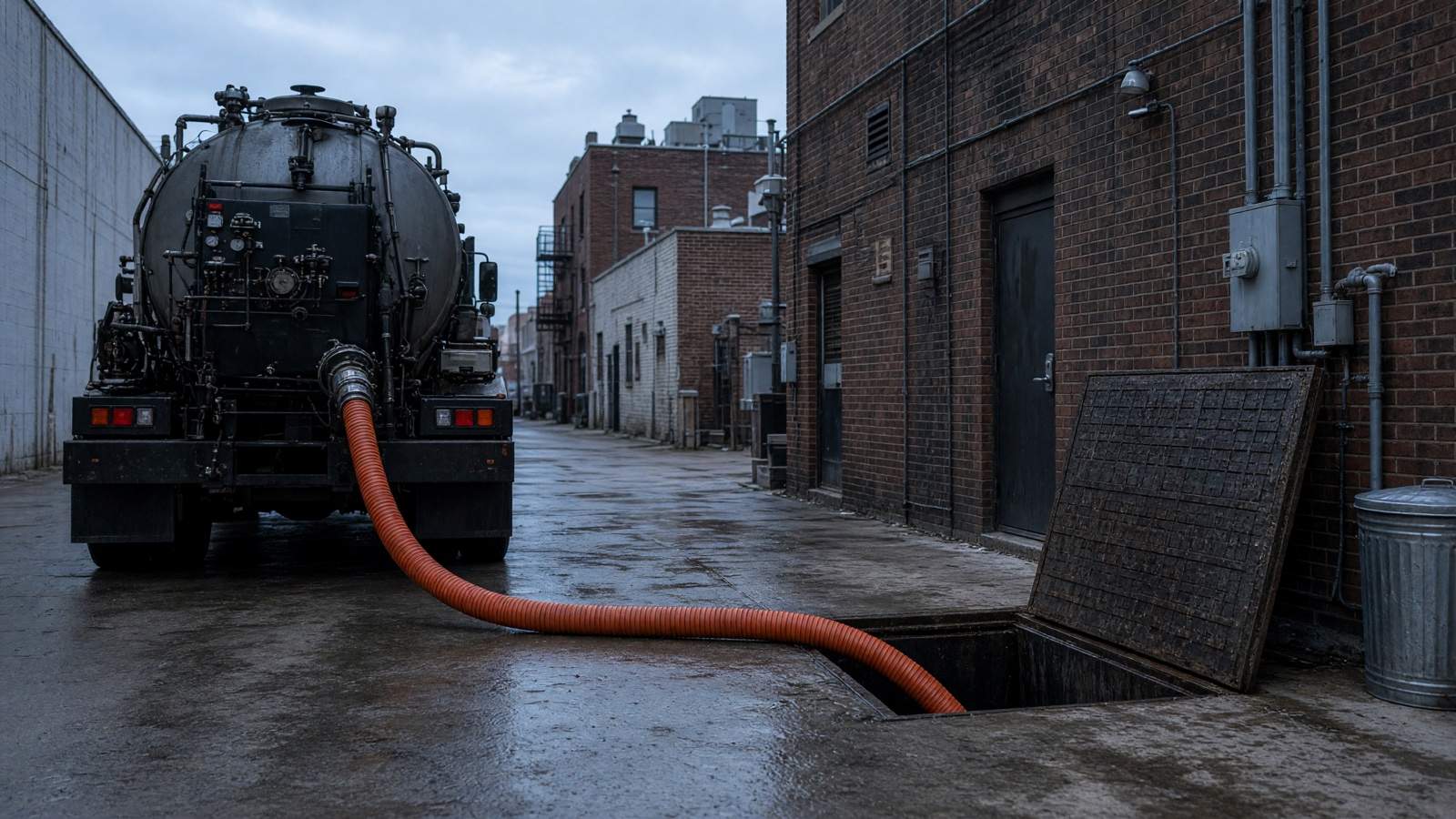 Vacuum truck servicing an in-ground grease interceptor behind a restaurant — grease trap cleaning in Fullerton, CA