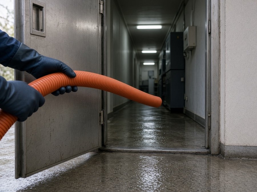 Suction hose guided through a restaurant's service door — restaurant grease trap cleaning in Fullerton, CA