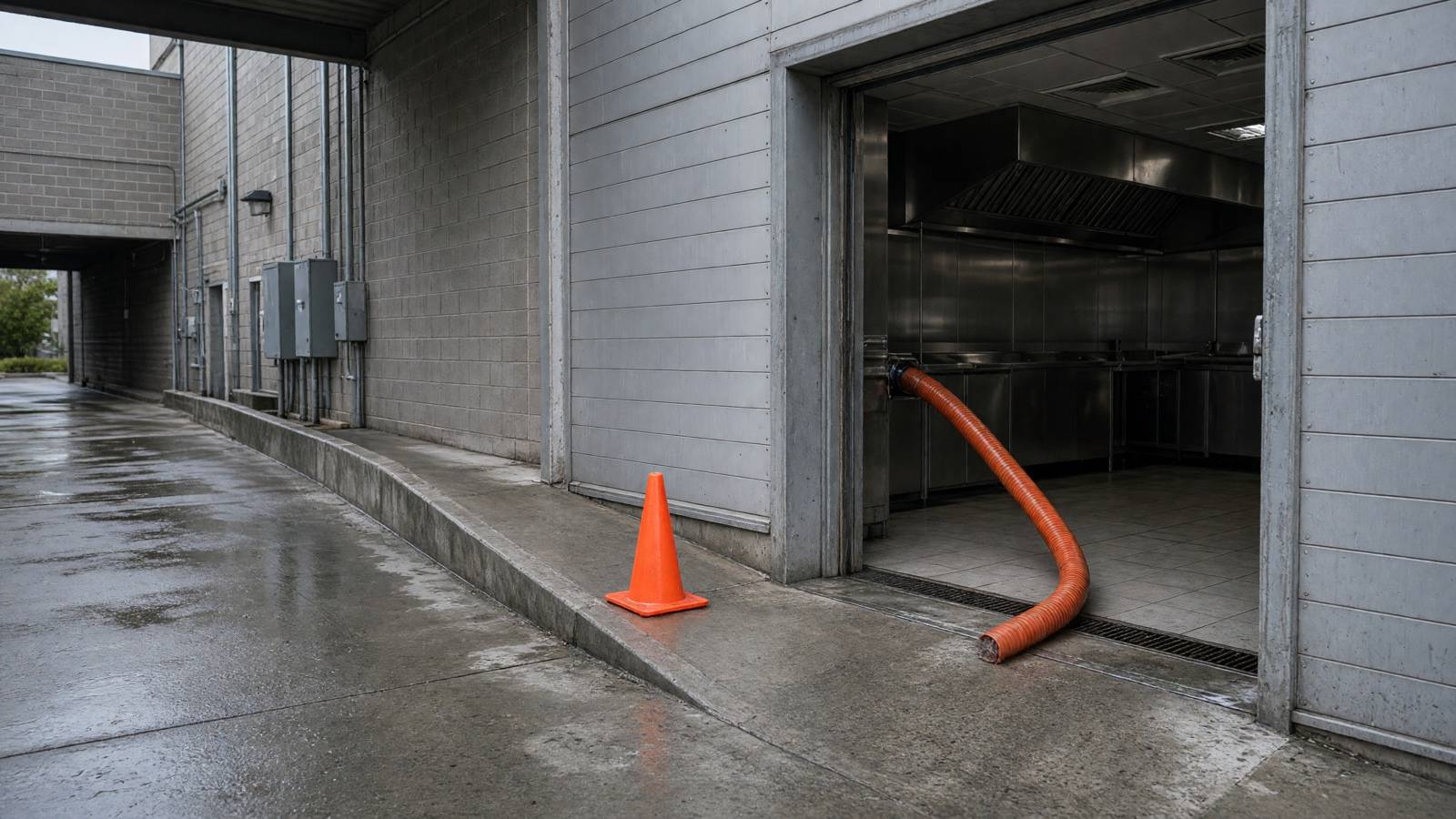 Restaurant back-of-house exterior with a service hose run through the doorway — restaurant grease trap cleaning in Fullerton, CA