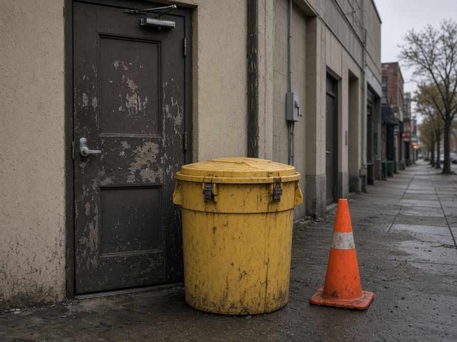 Sealed used cooking oil bin at a restaurant's rear door — used cooking oil collection & recycling in Fullerton, CA