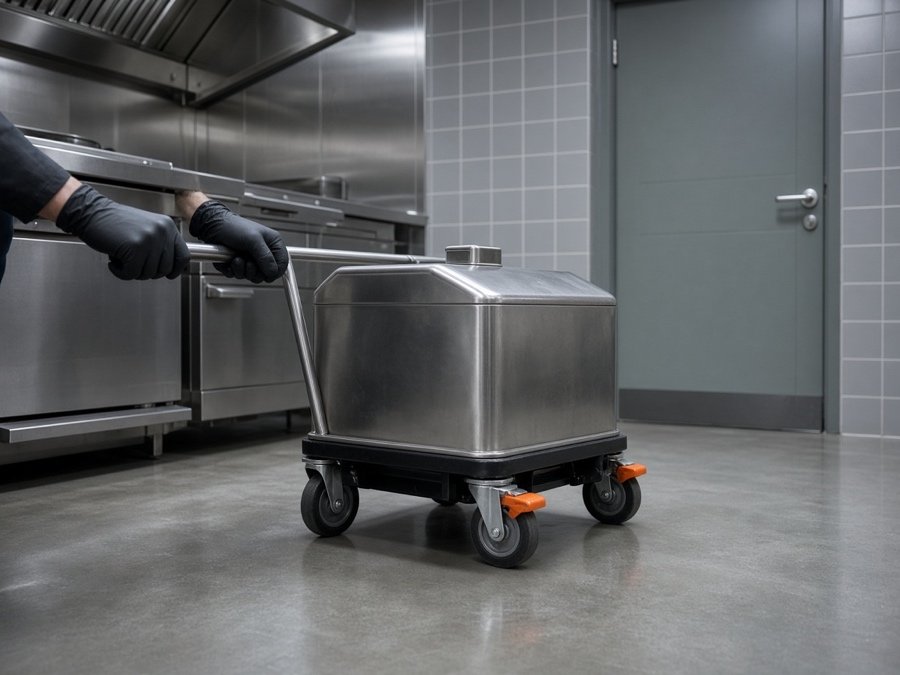 Oil caddy being wheeled toward a kitchen service door — used cooking oil collection & recycling in Fullerton, CA