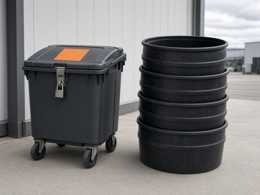 Locked oil collection container beside stacked empty drums — used cooking oil collection & recycling in Fullerton, CA