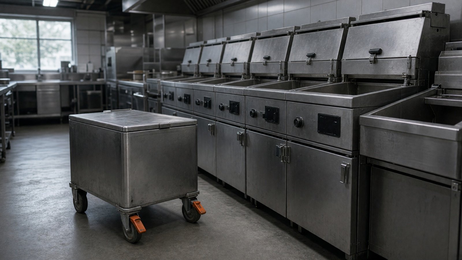 Fryer oil caddy parked beside a commercial fryer bank — used cooking oil collection & recycling in Fullerton, CA